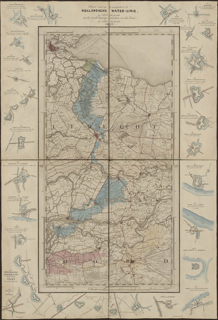 Kaart van de linies in kleur. Rondom de kaart staan tekeningen van de plattegronden van de stellingen en forten die onderdeel uitmaken van de linies.