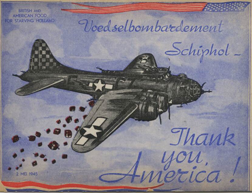 Tekening van een bommenwerper waaruit voedselpakketten gedropt worden, bovenin staat geschreven: 'British and American food for starving Holland' en 'voedselbombardement Schiphol'.