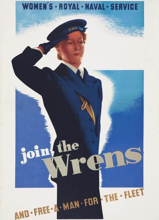 Geïllustreerde poster van een Britse marinevrouw met het onderschrift: Join the Wrens and free a man for the fleet.