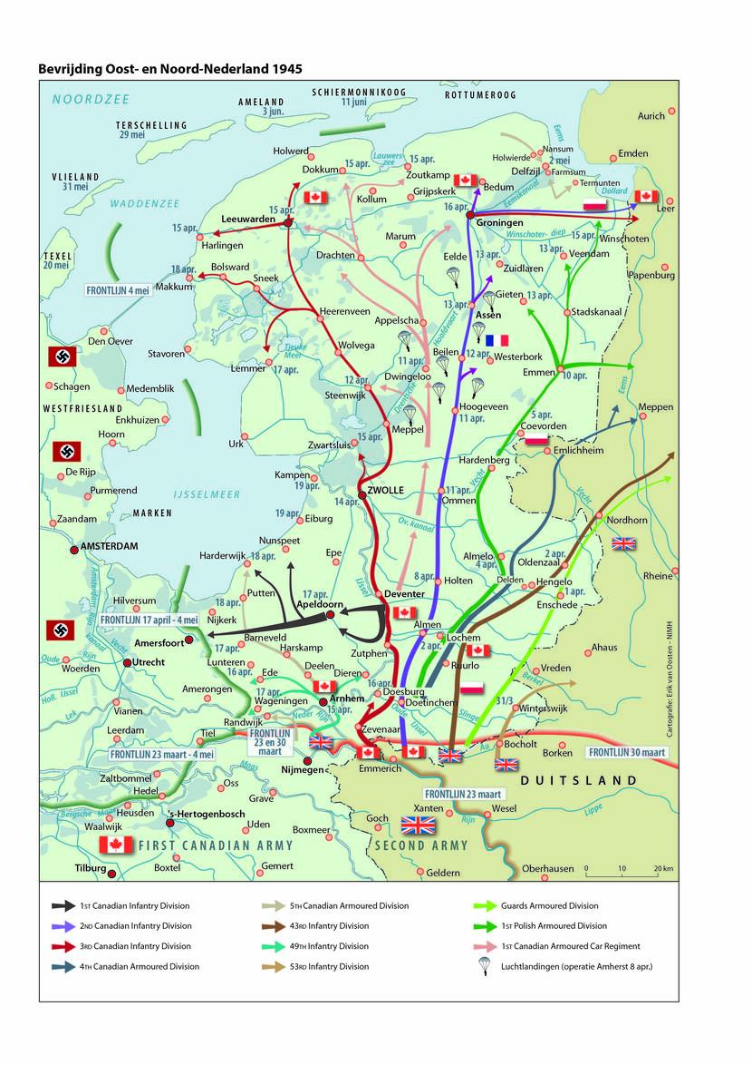 Grafische weergave van de bevrijding van Oost- en Noord-Nederland. Op de kaart is de opmars van Britse en Canadese troepen ingetekend.