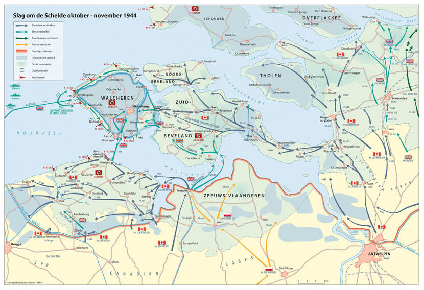 Grafische weergave van de Slag om de Schelde in de vorm van pijlen. Te zien zijn Zeeland en Zeeuws-Vlaanderen. Vanuit Antwerpen, links onderin de kaart, geven donkerblauwe pijlen de Canadese eenheden weer die oprukken richting Bergen op Zoom, Noord- en Zuid-Beveland en Walcheren. Britse eenheden (lichtblauwe pijlen) rukken op vanuit Antwerpen richting het noorden. Vanuit Terneuzen gaan Canadese eenheden richting het westen, en Britse richting Zuid-Beveland en Walcheren. Over zee landen Britse eenheden bij Walcheren. Ook is op de kaart te zien dat Walcheren, Tholen, Schouwen-Duiveland en Goeree-Overflakkee geïnundeerd gebied zijn.