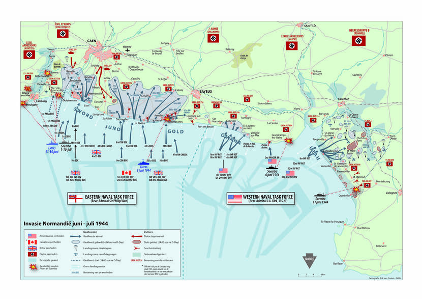 Gekleurde overzichtskaart van de geallieerde invasie in Normandië. Met pijlen staan de invasiestranden aangegeven.